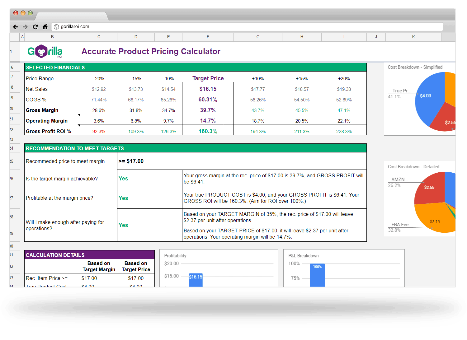 product pricing calculator spreadsheet