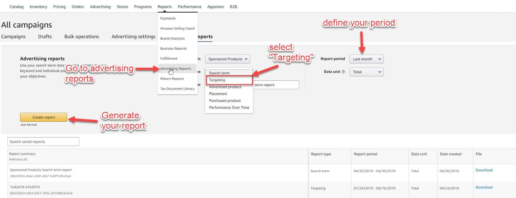 how to download PPC keyword targeting report from seller central