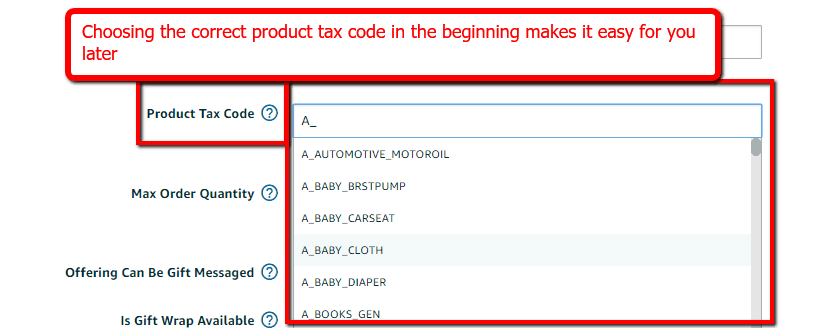seller central tax code setting