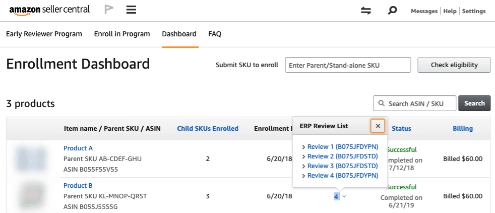 FBA early reviewer enrollment dashboard
